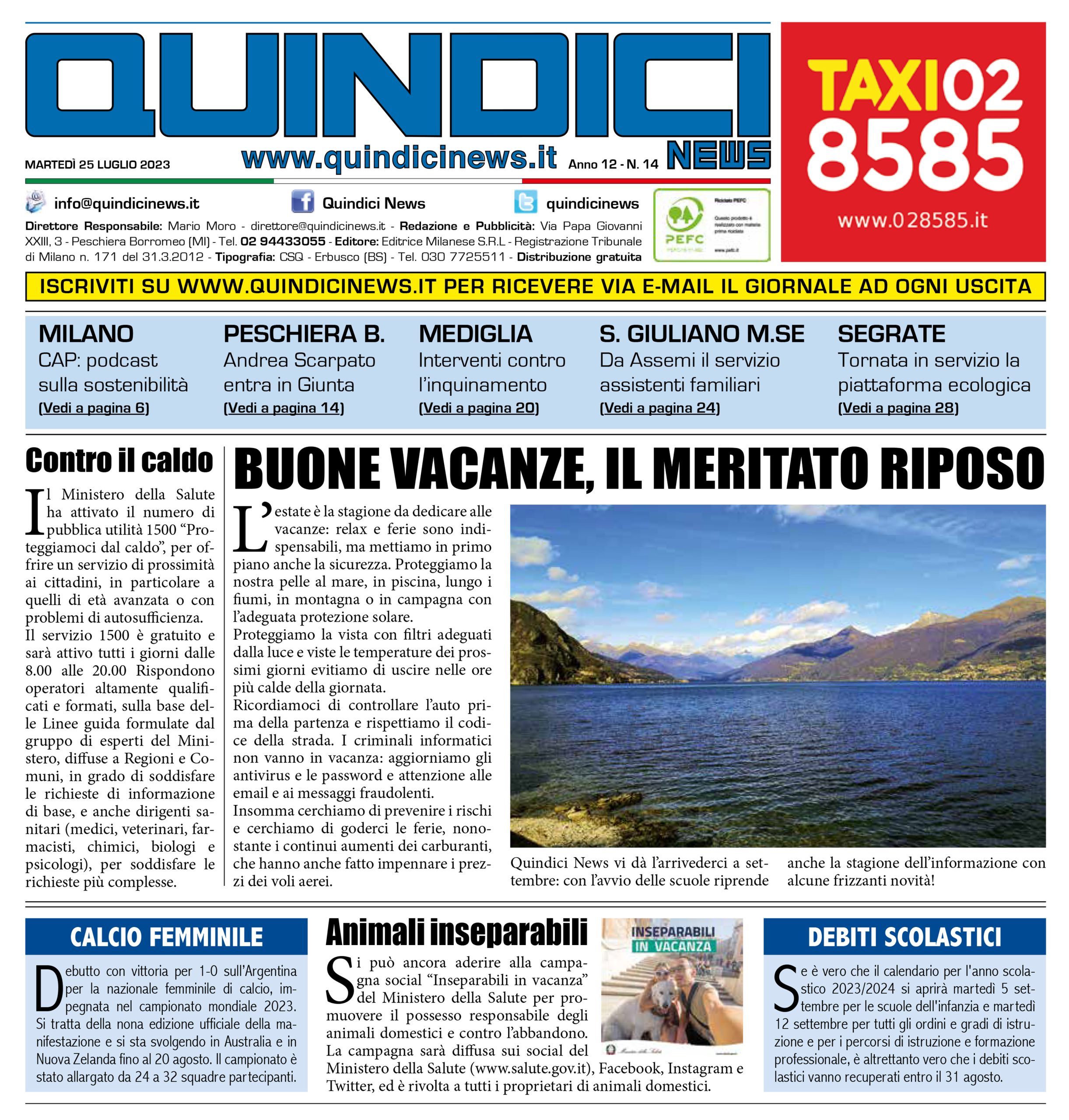 Quindici News Prima Pagina Numero 14 del 25 luglio 2023