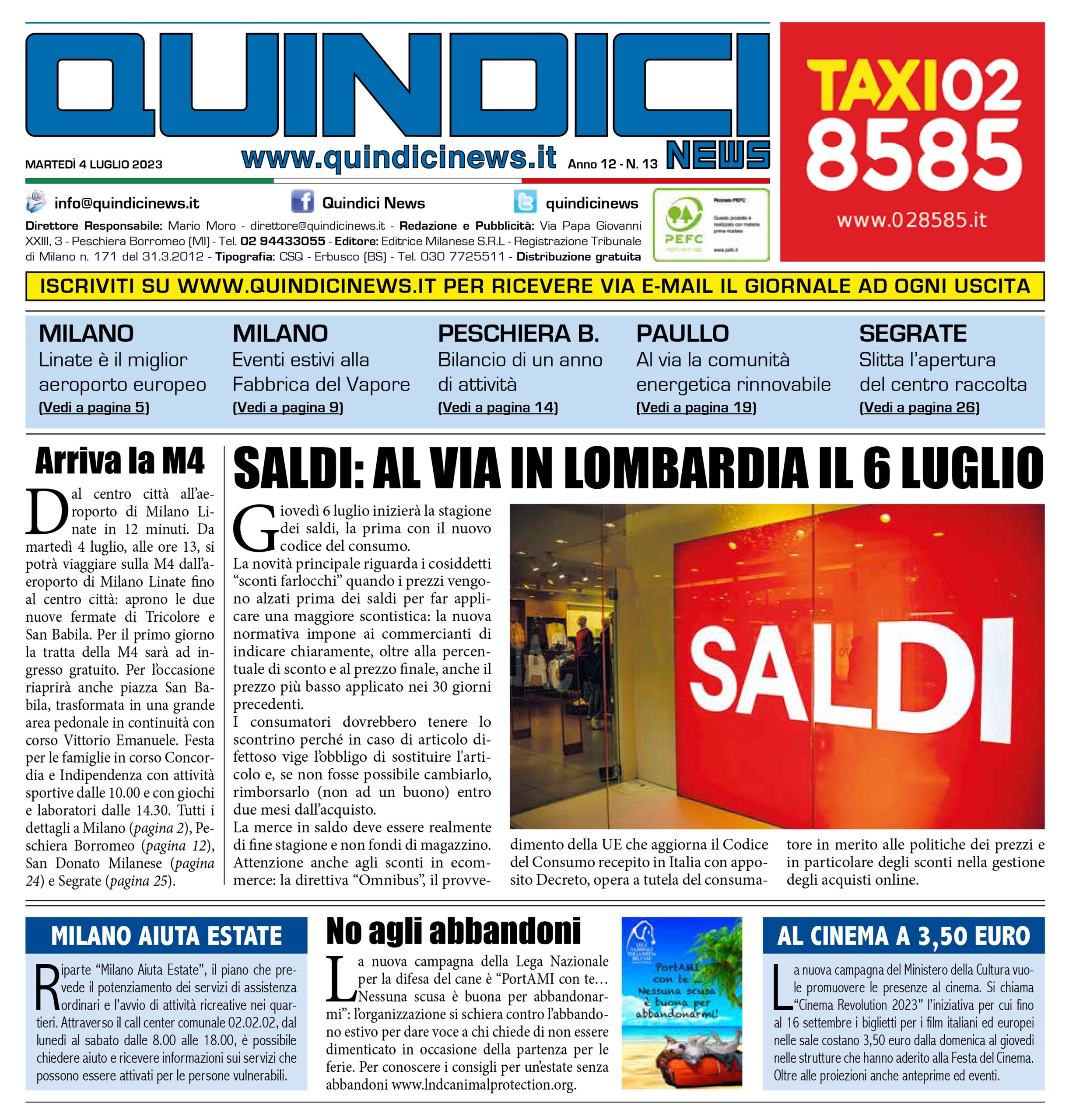 Quindici News Prima pagina Numero 13 del 4 luglio 2023