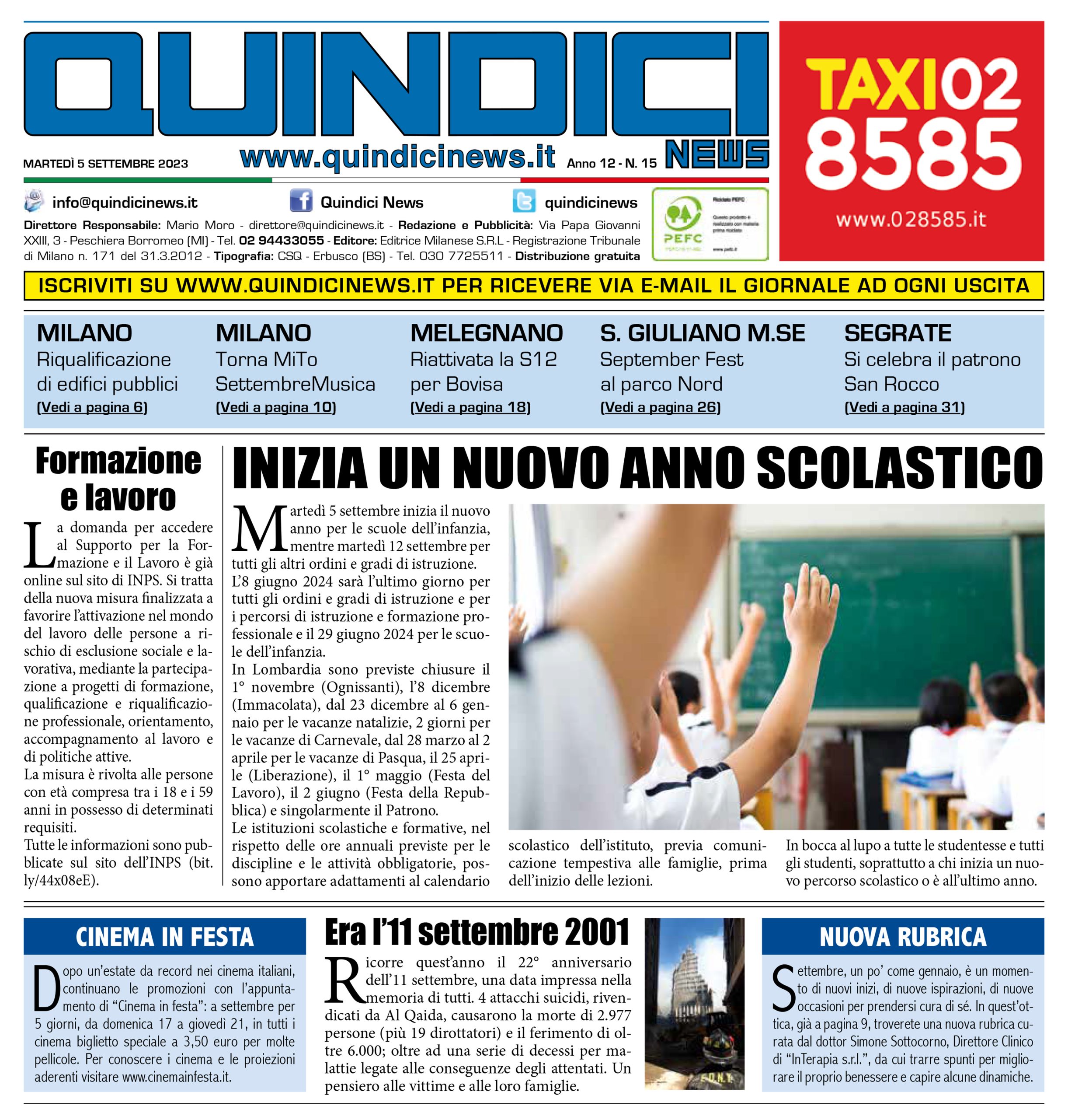 Quindici News Prima pagina Numero 15 del 5 settembre 2023