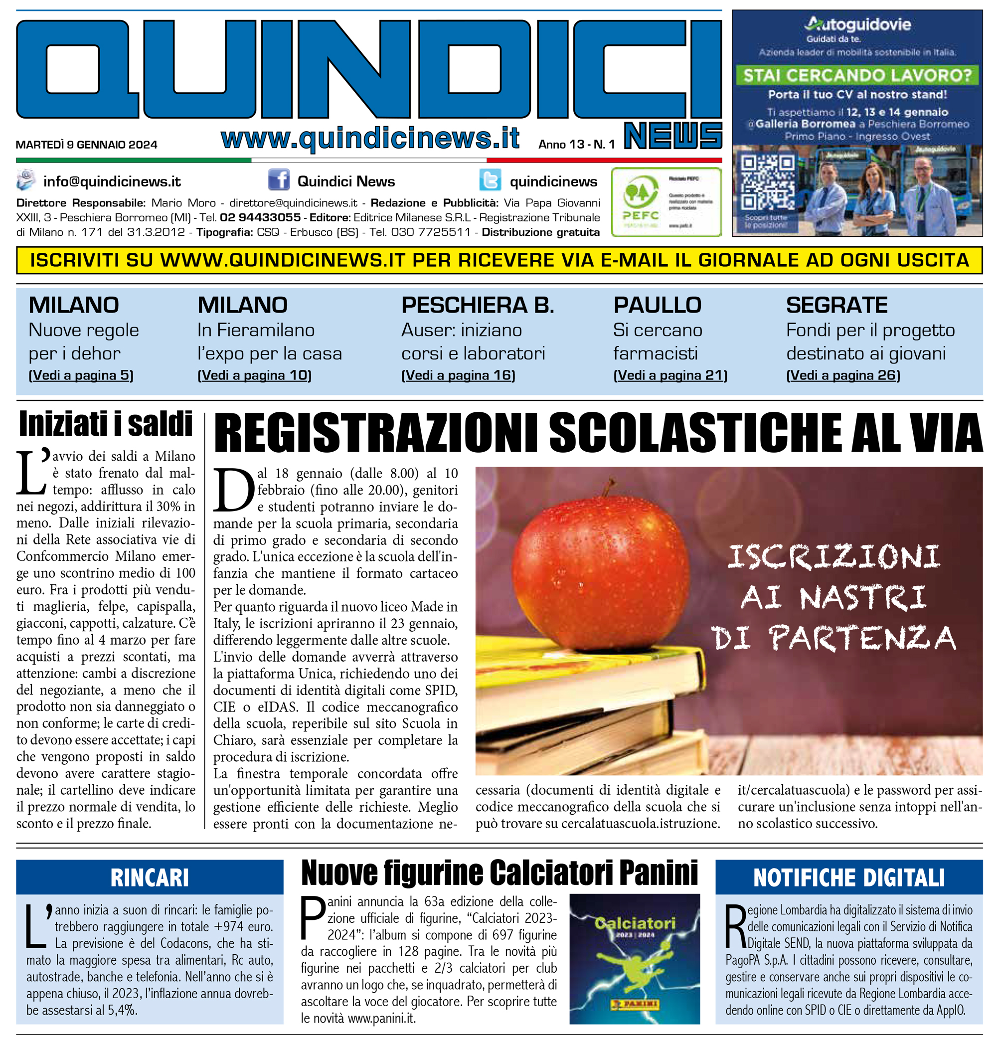 Quindici News Numero 1 del 9 gennaio 2024 Prima pagina