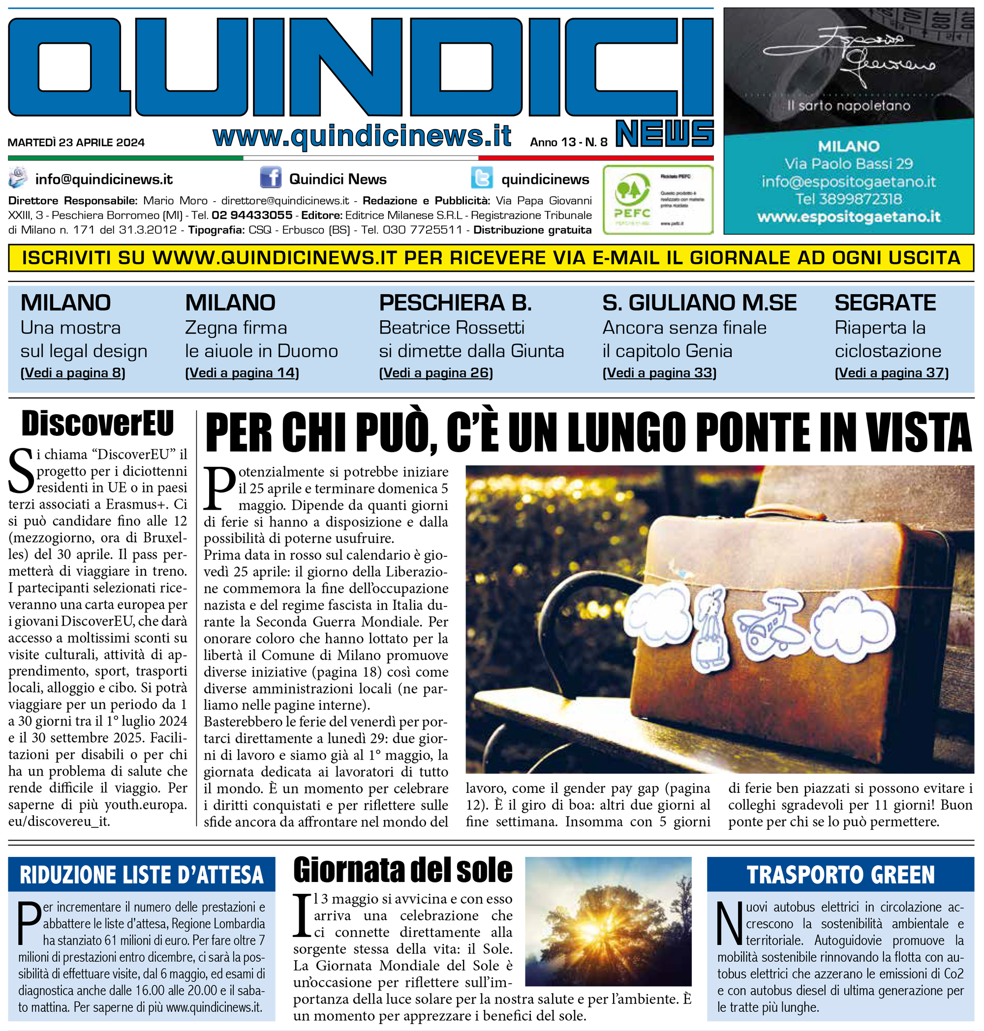 Quindici News Numero 8 del 23 aprile 2024 Prima pagina