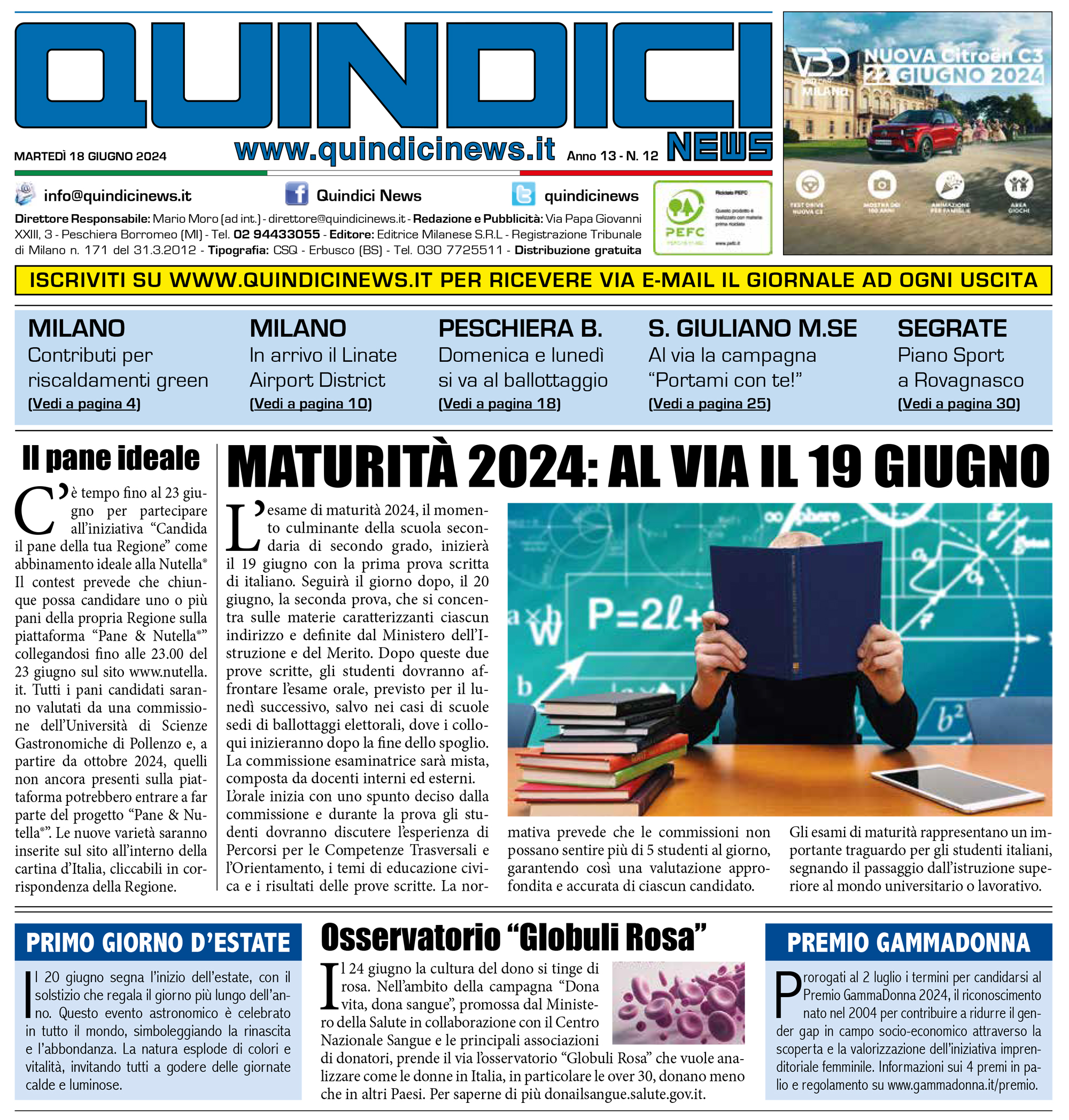 Quindici News Numero 12 del 18 giugno 2024 Prima pagina