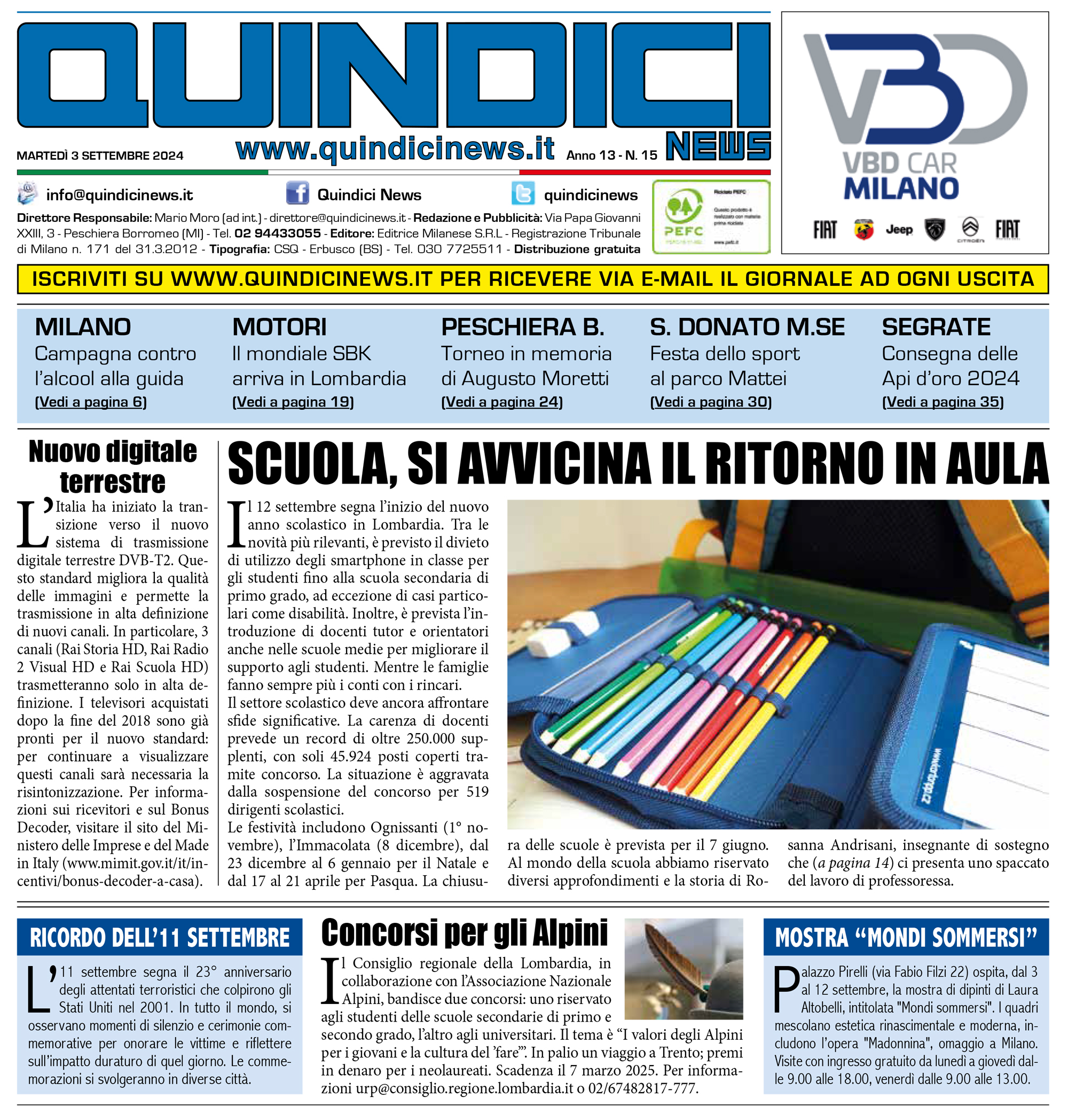 Quindici News Numero 15 del 3 settembre 2024 Prima pagina