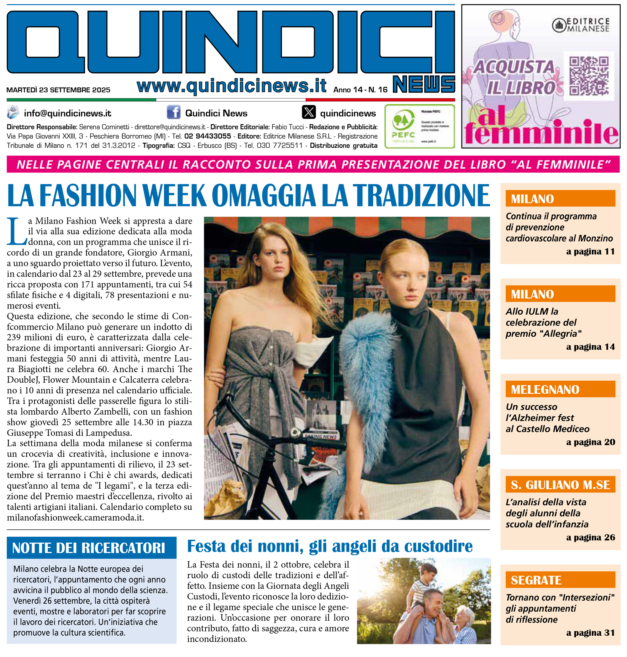 Quindici News Numero 16 del 23 settembre 2025 Prima pagina