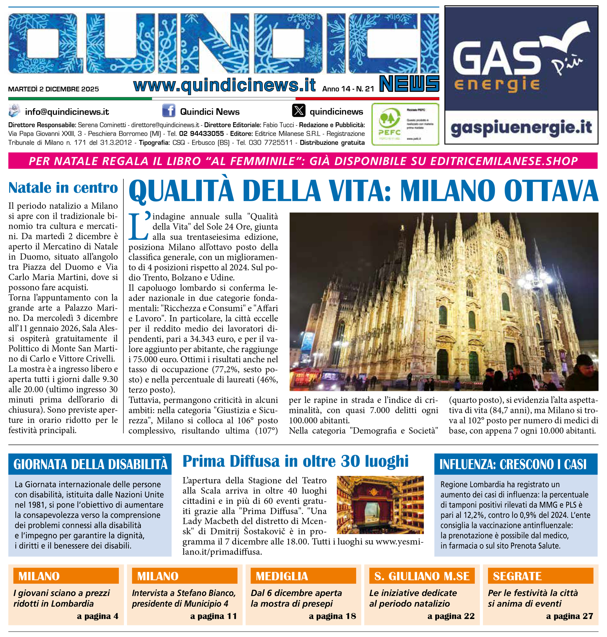 Quindici News Numero 21 del 2 dicembre 2025 Prima pagina