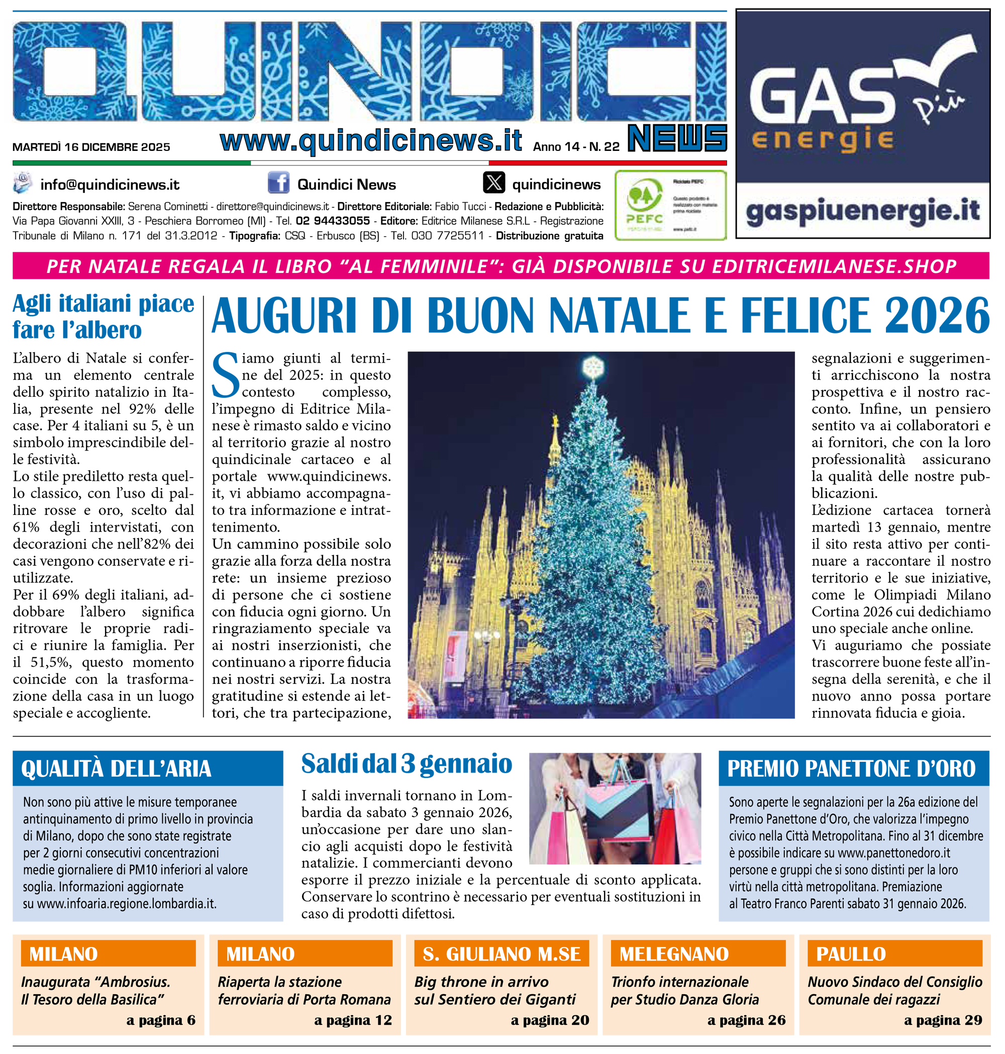 Quindici News Numero 22 del 16 dicembre 2025 Prima Pagina