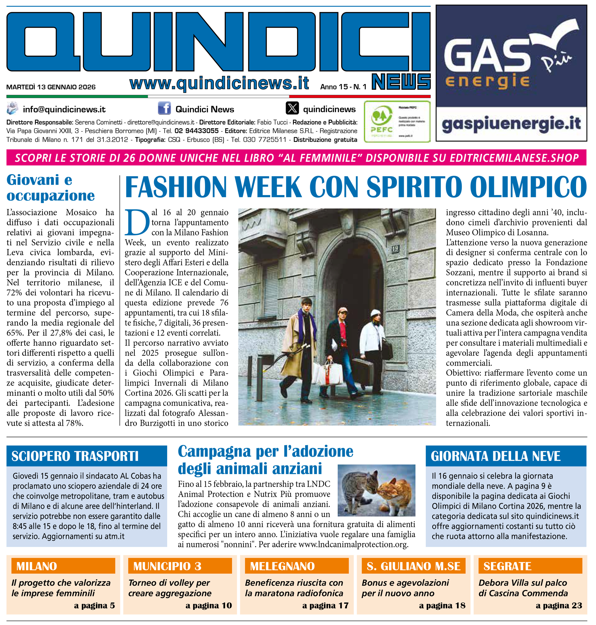 Quindici News Prima Pagina Numero 1 del 13 gennaio 2026